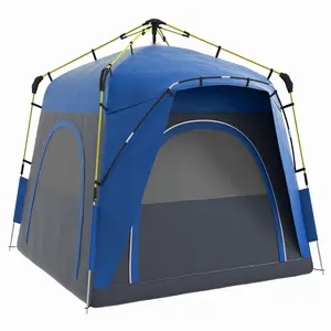 Outsunny Camping Tents 4 Person Pop Up Tent Quick Setup Automatic Hydraulic Family Travel Tent w/ Windows, Doors Carry Bag Included, Blue