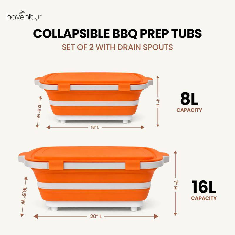 Havenity BBQ Prep Tub 2 Pack - Multifunctional Collapsible Camping Cutting Board with lid, Meat Storage Container for Meal Prep, Dish Bowl Perfect for Grilling Outdoor Cooking (Large + XL)