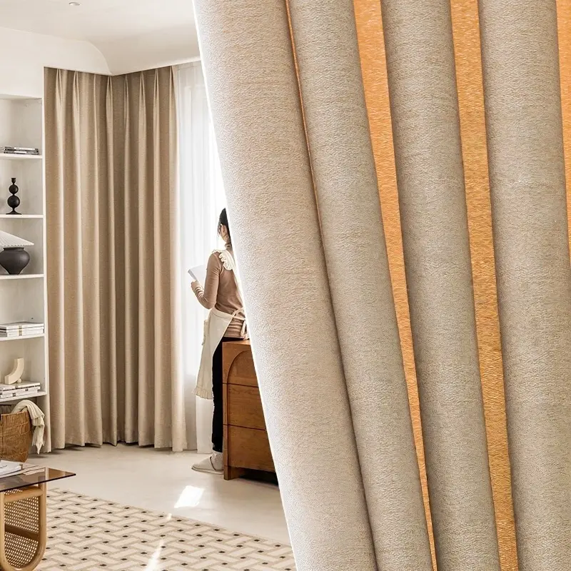 Cream Color Blackout Heavy Thermal Insulated Window Curtain Modern Simple Solid Thickened Noise-Reducing Heat Insulation Sunshade Fabric, Multiple Colors Available
