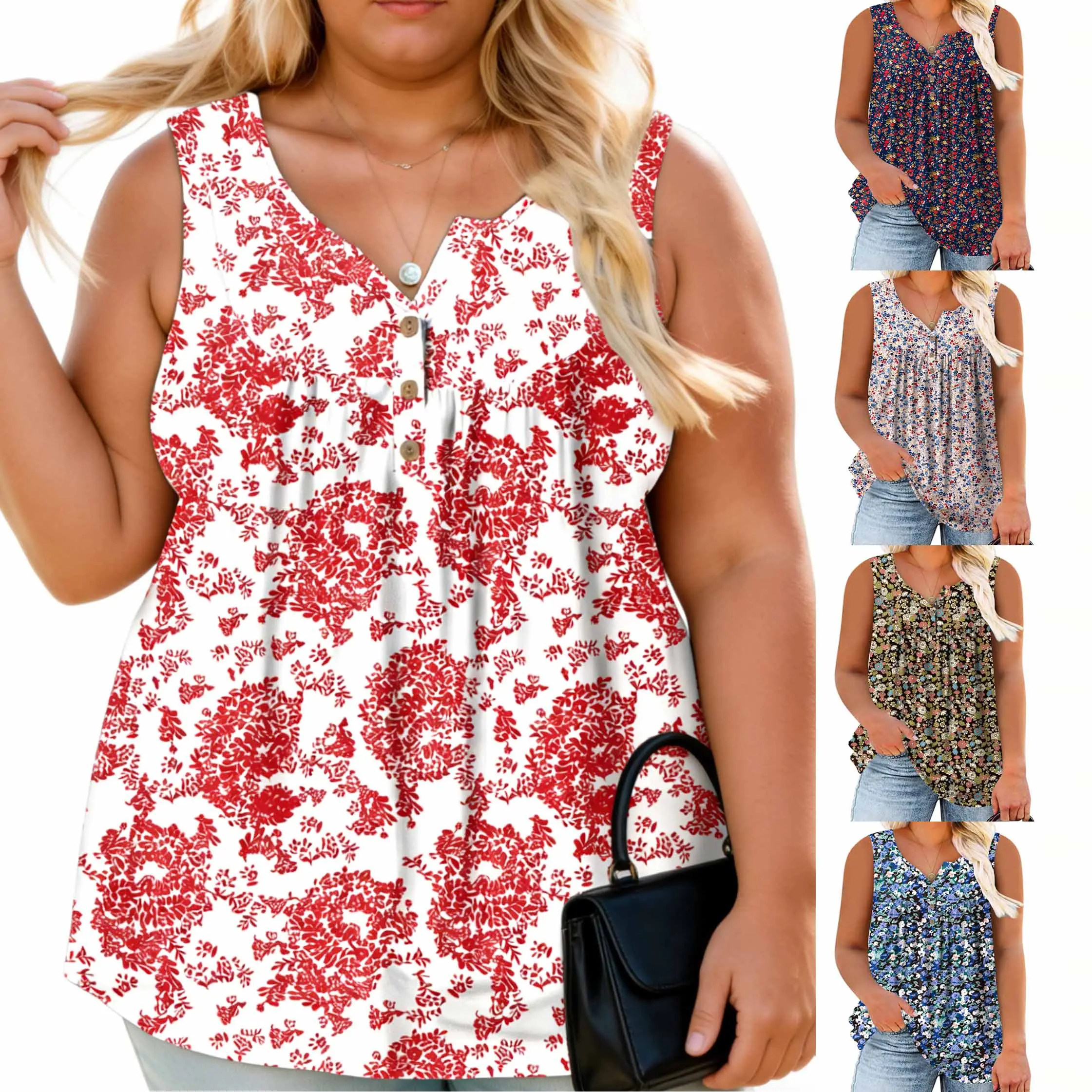 Plus Size Henley Sleeveless Shirts for Women Summer Casual Floral Button V-Neck Tees Soft Breathable Loose Fit Tank Tops 14W–28W RPS2103 printed tshirts big arm friendly
