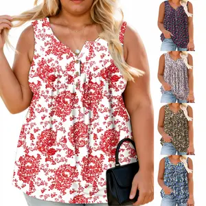 Plus Size Henley Sleeveless Shirts for Women Summer Casual Floral Button V-Neck Tees Soft Breathable Loose Fit Tank Tops 14W–28W RPS2103 printed tshirts