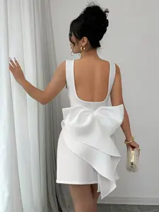 White Mini Dress: Elegant Bow Back Party Dress - Slim Fit for Women, Sleeveless, Asymmetrical Hem, Wedding & Ramadan Wear, 95% Polyester 5% Elastane
