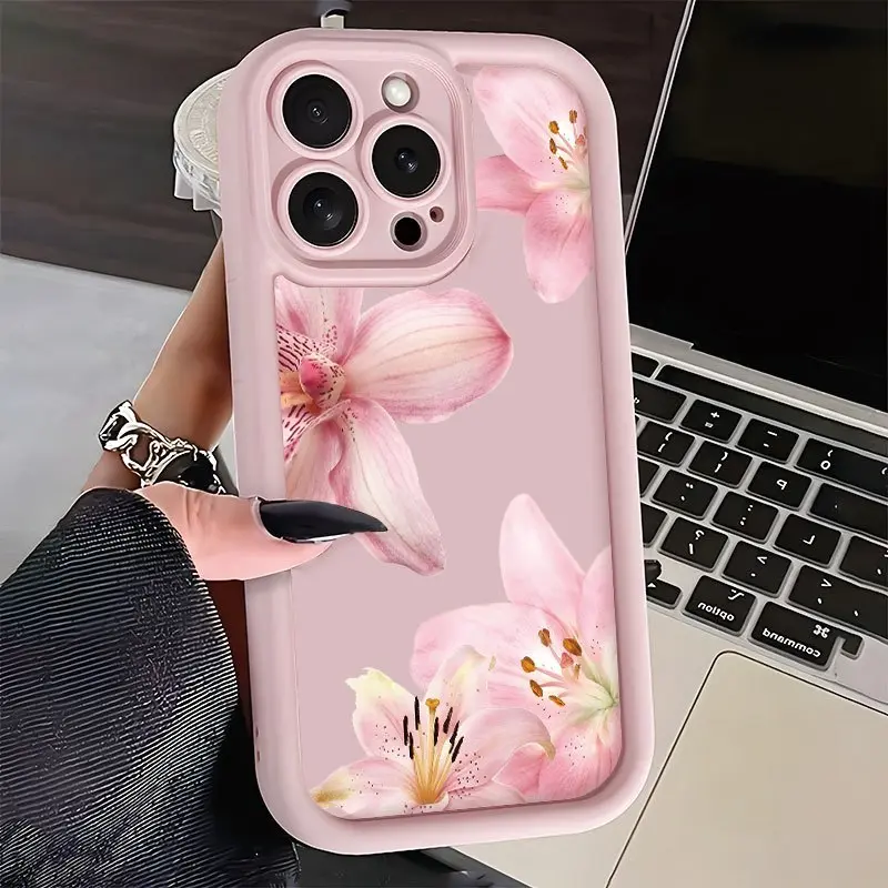 Pink Hibiscus Pattern 2D Printed Soft TPU Silicone Form-Fit Shell, Raised Edges Protection for iPhone 17 Pro Max,16,16e,15,14 Plus,13,12 Mini,11,Air,X,XS - Mobile Phone Case Accessory, Casing, Accessories