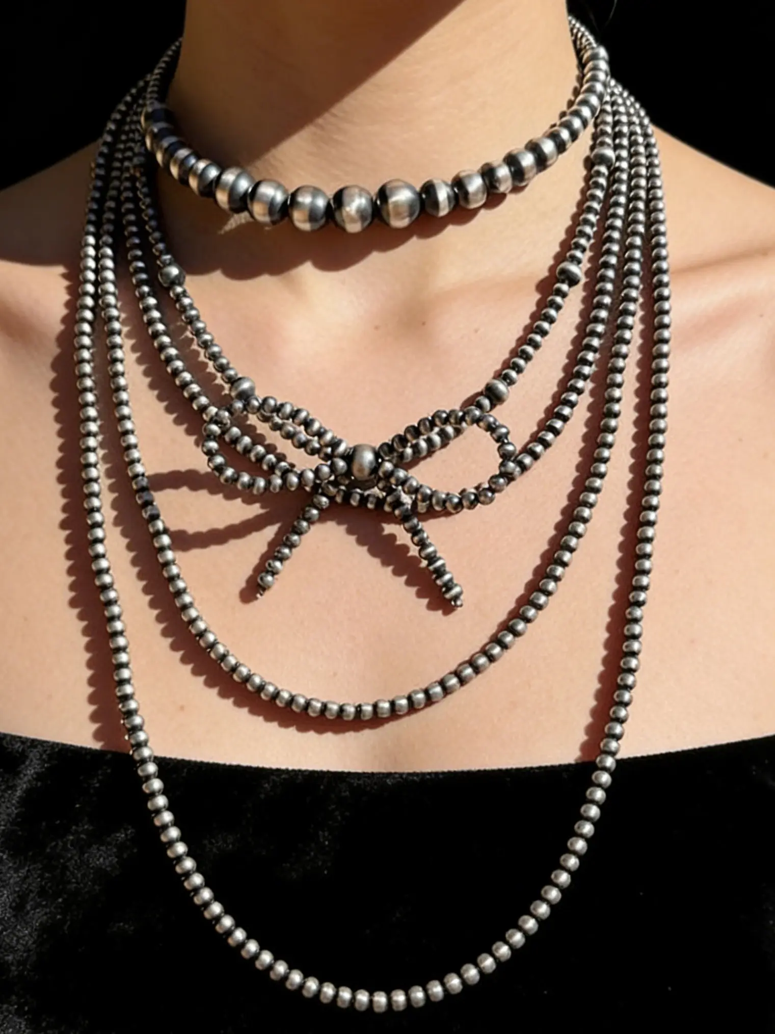 Women’s 5-Pieces Silver-Tone Stainless Steel Assorted Beaded Layered Necklace Set - Adjustable Beaded Design, Lobster Clasp, Western Bohemian Navajo-Style Stackable Chokers, Dainty Layering Jewelry for Festival Party & Everyday Wear, Birthday Gifts, Assor