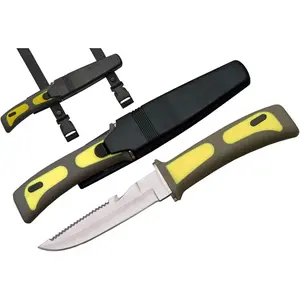 9-Inch Dive Knife, Stainless Steel Blade with Sawtooth Spine, Rubberized Bright Yellow Handle, Comes with Hard Sheath & Leg Strap for Diving, Snorkeling and Outdoor Adventures