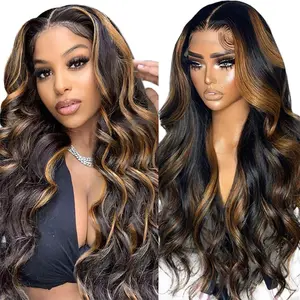 [Blend] Ombre Highlight Lace Front Wig Human Hair 13x4 Body Wave FB/27 180% Density HD Transparent Lace Frontal Wigs for Black Women Soft Realistic Feel Natural Texture High Density