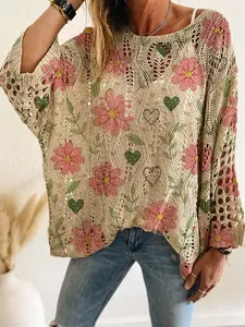 Spring Summer Women's Knit Top, One Shoulder Hollow Out Batwing Sleeve, Colorblock Floral Print Long Sleeve, Casual Elegance Commuter Wear