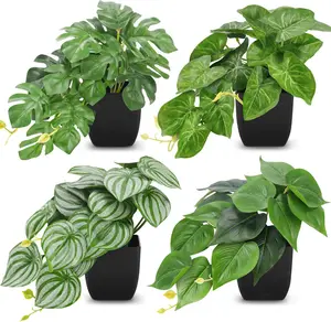 Der Rose 4-Pcs Minimalist Black Plastic Fake Mini Plants with Pot, Decorative Indoor Accessories for Bathroom, Office Desk Shelf Table