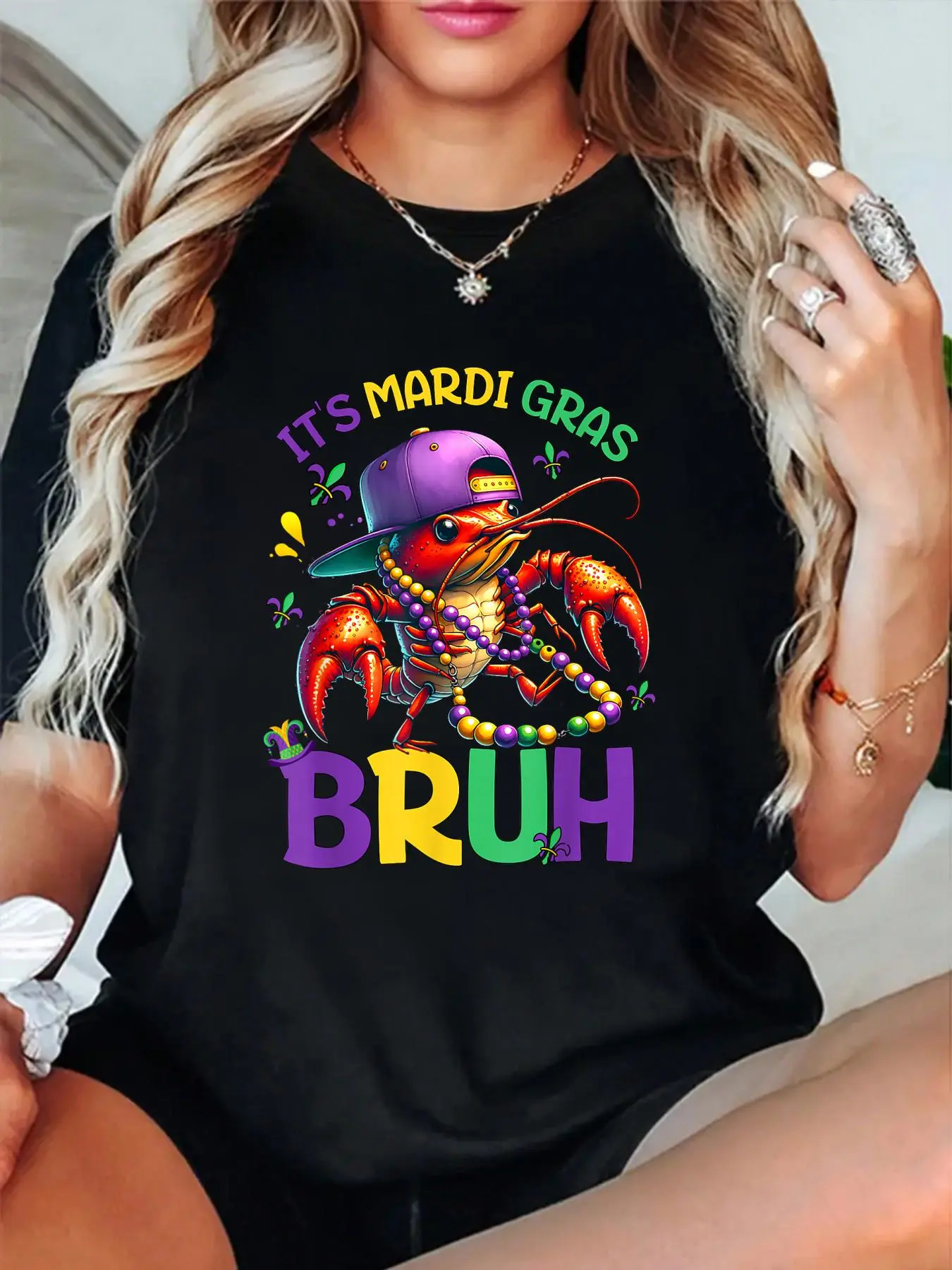 Women's 100% Cotton Crew Neck Short Sleeve Casual T-Shirt - Whimsical 'Bruh' Crawfish Graphic Streetwear Top, Everyday Vintage Clothes, Funny 'Bruh' Crawfish Graphic, Shortsleeve, Round Neck, Holiday, All Seasons