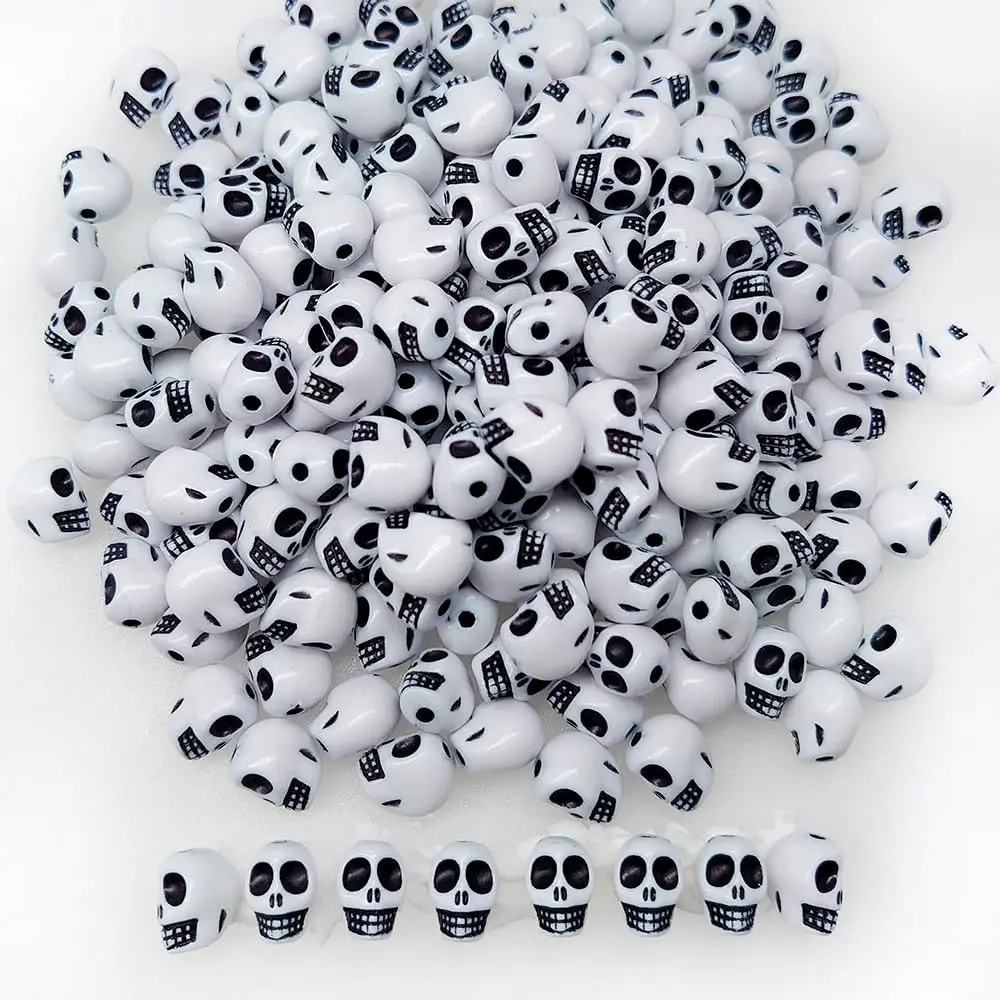 200+ Pieces 13x10mm Halloween Skull Beads for  Making Bracelets Necklaces Key Chains, White  Mixed Skeleton (Black on White)