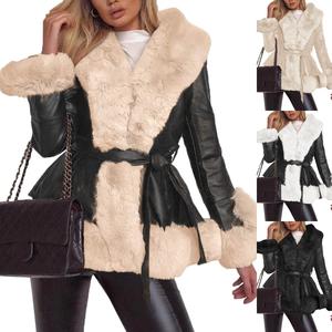 Danedvi Women's Fashion Lady Long-Sleeve Soft Slim Faux Leather Jackets - Winter Warm Short/Long Parka Coats with Faux Fur Collar, Fabric Shell, Belt, Pockets, Fitted Outerwear for Outdoor & Suit Wear
