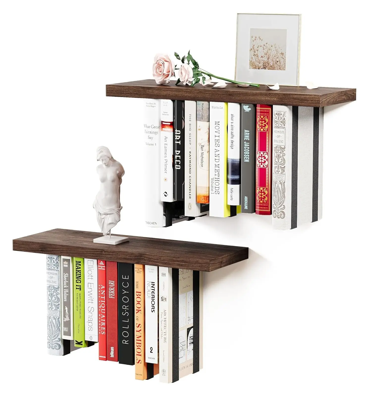Rustic Wood Floating Bookshelves for Wall, 2 Pack Upside Down Wall Mounted Bookshelf, Carbonized Hanging Book Shelf for Home Decor in Bedroom, Living RoomGift