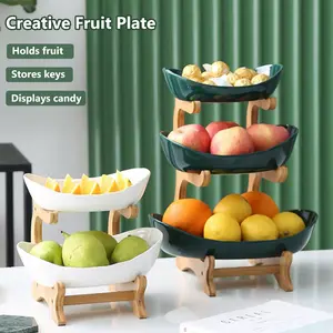 3 Tier Fruit Basket, Wooden Stand Plastic Tray Fruit Holder Large Capacity Display– Suitable for Bread Vegetables, Produce, Home Storage
