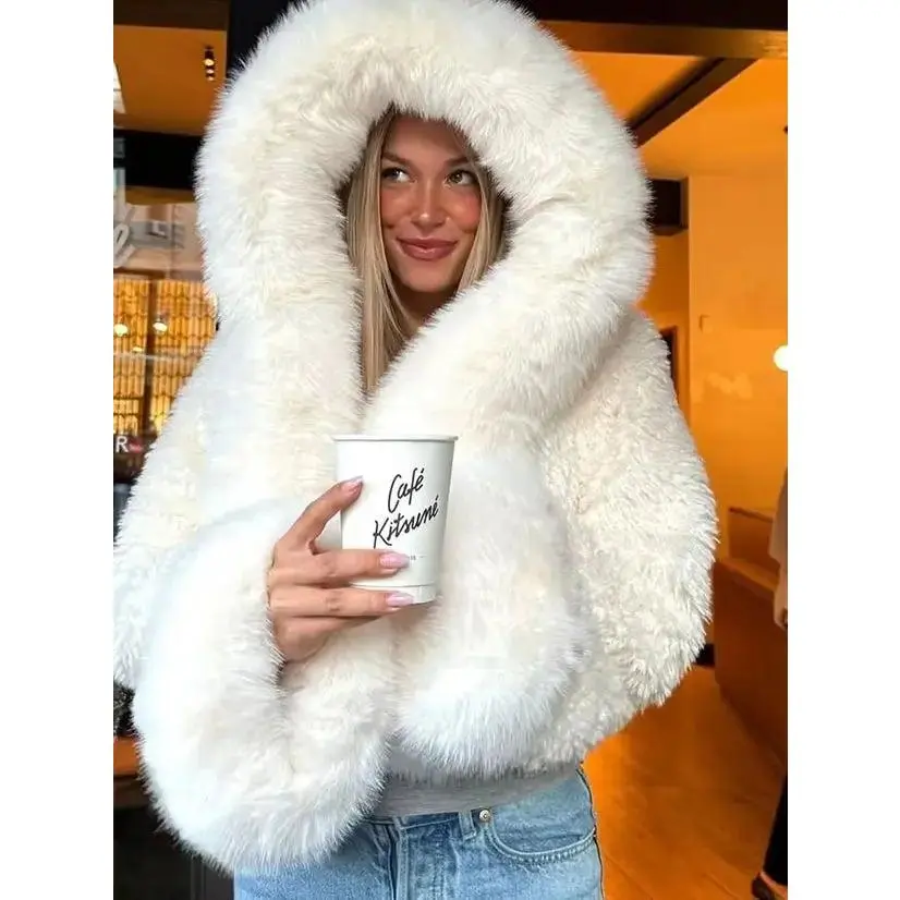 Solid Fake Fur Women Short Coat Lapel Collar Full Sleeves Hooded Loose Thicken Mini Coat 2025 Lady Warm Party Street Outerwear
