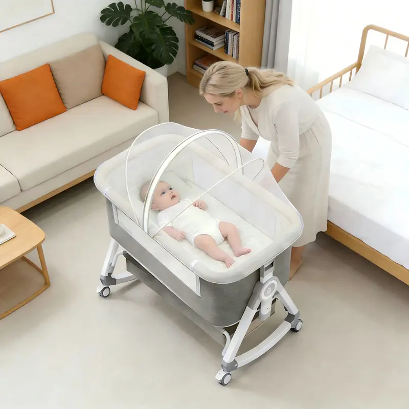 3-in-1 Baby Bassinet & Bedside Sleeper for Newborns (0–6 Months), Adjustable Height Crib with Wheels, Foldable Portable Infant Cradle with Breathable Mesh & Mosquito Net new gifts folding bed sidesleeper design