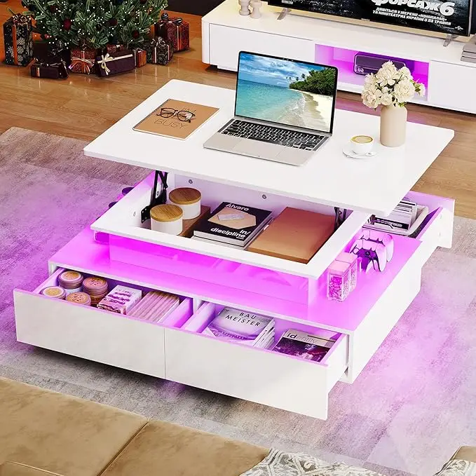 Yitahome Lift Top Coffee Table, with Storages for Living Room, Rectangular Coffee Tables with Spacious Drawers, with LED Light, White