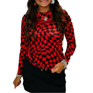 Mntaor Women's Mock Neck Blouse, Long Sleeve Checkered Print Mesh Top for Casual Going Out,Winteroutfit