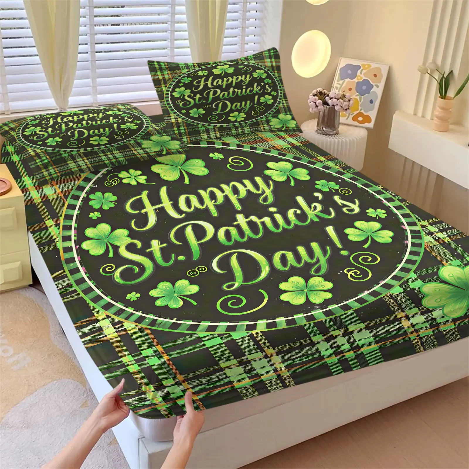 3Pcs St. Patrick's Day Fitted Sheet Set, Festive Irish Themed Bedding Set, Digital Printed Bed Sheet Set with Green Plaid and Four-Leaf Clovers, Soft Microfiber for Ultimate Comfort in Your Bedroom, No Filler