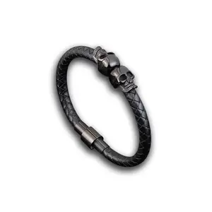 Black Braided Leather Bracelet with Skulls