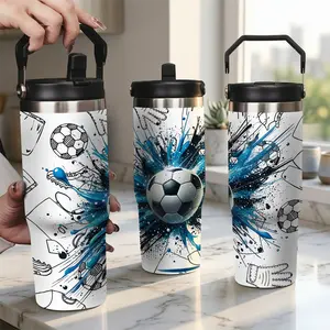 Cool Blue Soccer Splatter Tumbler, Vacuum Insulated Double Wall Water Cup with Straw, Sporty Doodle Art Travel Mug, Gifts for Soccer Players Teen Boys Kids