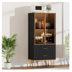 GARVEE Fluted Glass Door Storage Cabinet w/ Adjustable Shelves & 2 Drawers | White/Black Contemporary Display Unit for Kitchen Pantry or Living Room Storage​