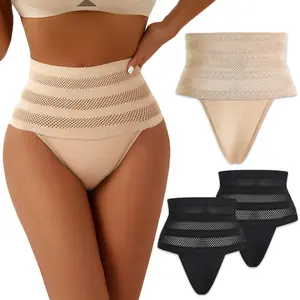 Quenchless Thirst High-Waisted Tummy Control Thongs for Women 3PCS Stretch Shapewear Comfy Plus Size Friendly Underwear S-3XL Black Fabric Minimalist Breathable Spandex