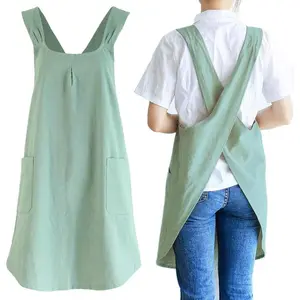 Style Linen Cotton Cross  Pinafore Apron with Pockets for Women Ladies Men Chef Kitchen Cooking Baking