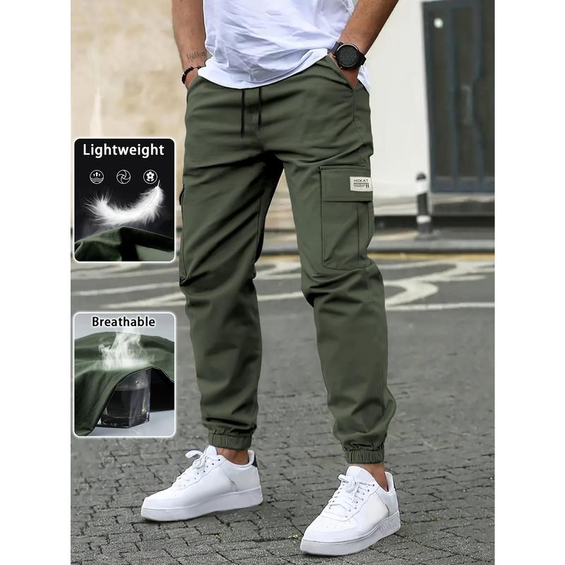 Men's Loose-Fitting Nylon Activewear Cargo Pants - Athletic Sports Clothes, Lightweight, Breathable, Non-Stretch, Drawstring Waist, Multiple Pockets, Slogan Print, Plus Size for Outdoor Hiking, Camping (Line Dry)