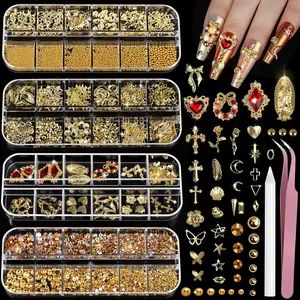 Nail Charms and Gems Set, 4 Boxes Flat Back Pearls Rhinestones, 3D Golden Rose Heart Shapes Crosses, with Pick-Up Pen & Tweezers, for Nail Decoration Y2k Nail Styles or Makeup, Nail Art Supplies