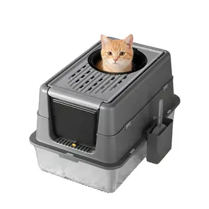 Extra-large stainless steel cat litter box – Enclosed design with front and top access, 180° hinged lid, odor-proof, leak-proof, and easy to clean – For small, medium, and large cats, 60x40x38.5 cm, Color: Jet Black