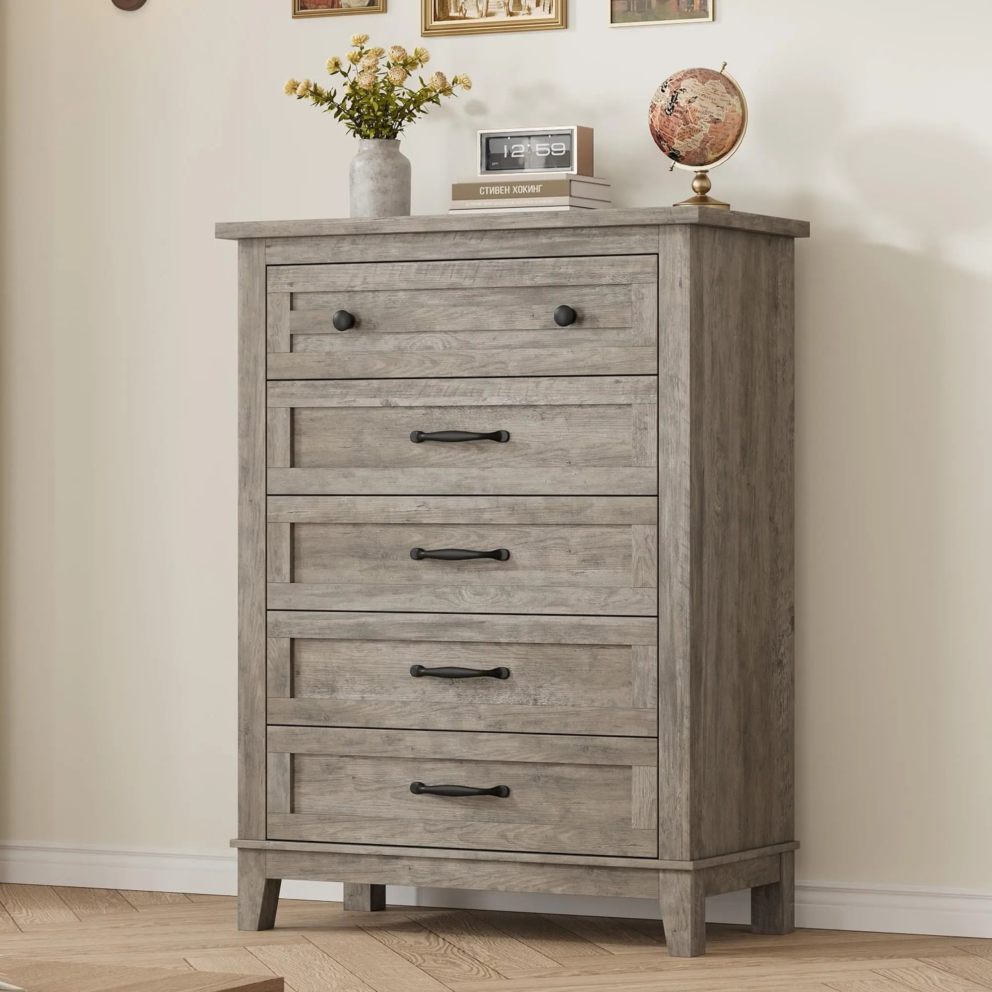 Gaomon 5-Drawer Vertical Wooden Sideboard Cabinet - 31.5" L x 15.8" W x 41.3" H Rustic Stable MDF Freestanding Grey Furniture with Concave-Convex Design for Bedroom, Living Room