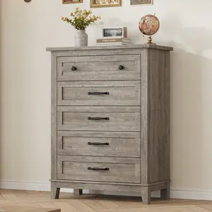 5 Dresser for Bedroom, 41.3" Tall Vertical Drawer Dresser with Large Storage, Freestanding Wooden Closet Chest for Bedroom, Living Room, Grey Sideboard Cabinet