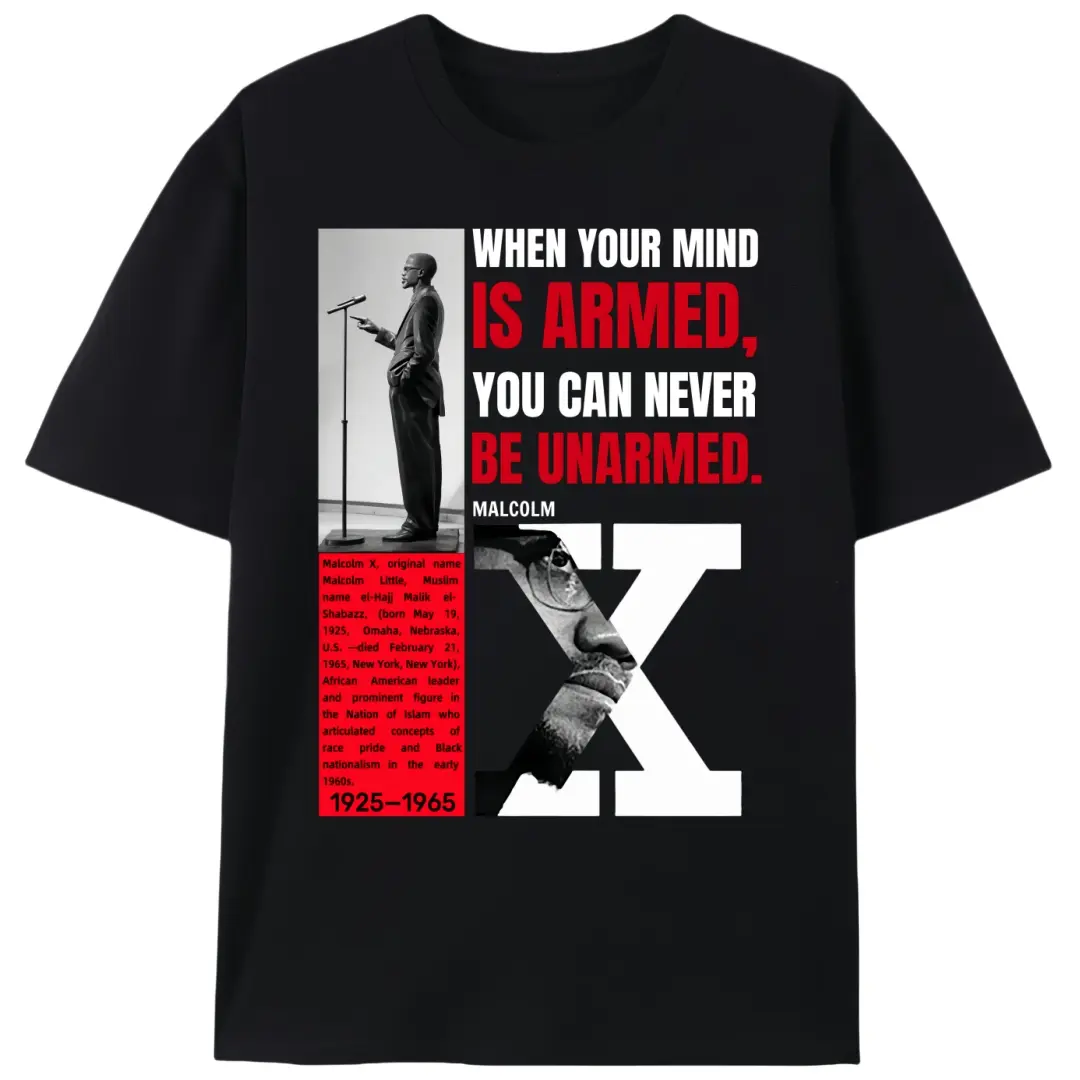 Men's Short Sleeve Graphic T-shirt, Malcolm X Quote-4442 Funny Design, Black Cotton Fabric, Ideal for Graduation, School, Birthday, Thermal Day