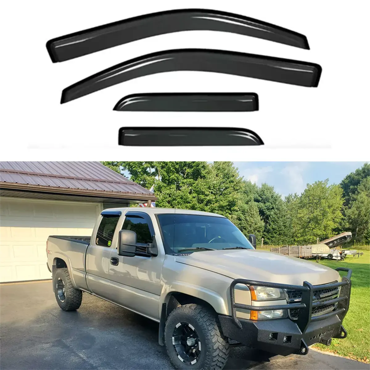 Dark Smoke Curved External Mount Side Window Deflectors, Vehicle Sun Visor, Car Exterior Sun Protection Accessory, Compatible with 1999-2006 Chevy Silverado/GMC Sierra 1500, 2001-2006 2500/3500, 2007 HD Classic Extended Cab Trucks