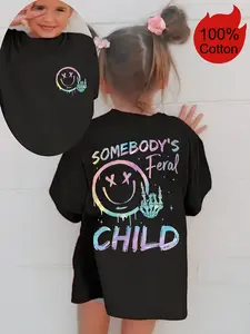 Girls' Pure Cotton Short Sleeve Print Tee - Iridescent Smiley Face Skeleton, Rock On Graphic, Mini Logo, Breathable Solid Color Kids' Streetwear Top