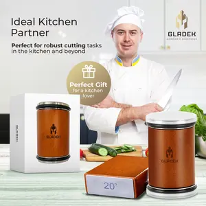 Gladek Rolling Knife Sharpener. Ideal for All Kitchen Knives - Elegant Gift Box Included Stainless Steel Sturdy Sharpening Wooden