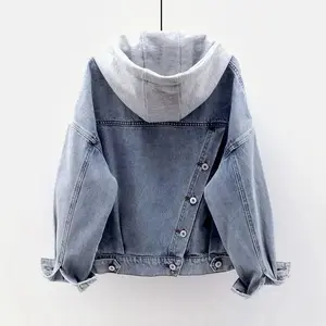 Blue Deconstructable Hooded Turn-down Collar Denim Jacket Women Loose Button Patchwork Outwear Jean Coat Female Outerwear Casual Basic Long Sleeve Can be used with raincoat