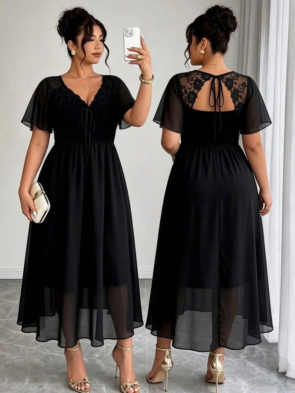 Plus Size Chiffon Patchwork Shirred Lace Shirred Backless Dress