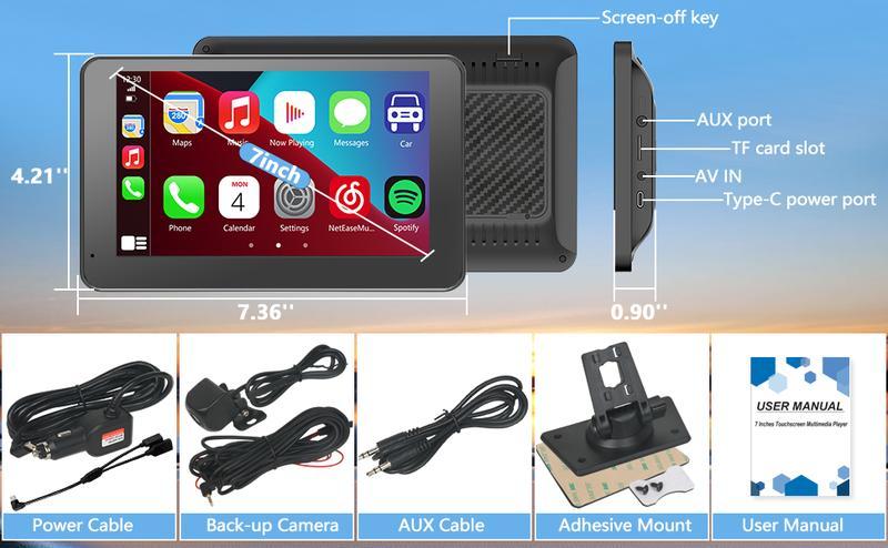 Paslda New Year gift-2026 Portable Carplay Screen 7-Inch IPS Touchscreen with Landscape & Portrait Modes Wireless Carplay Android Auto Suction Mount Mirror Link HD Touch Easy Install Rear View Camera Compatible with Most Cars