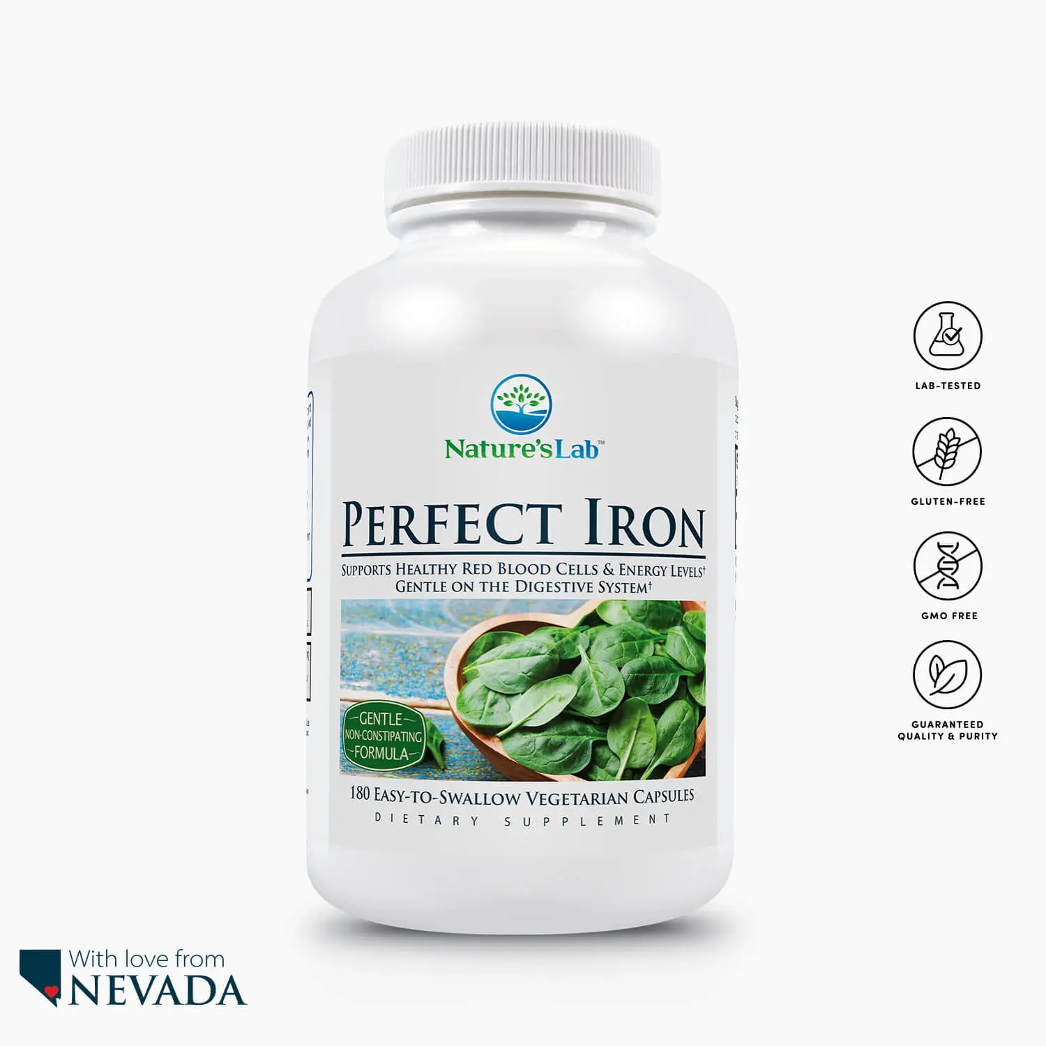 Nature's Lab Perfect Iron 25 mg – Gentle, Non-Constipating Iron Supplement for Sensitive Stomachs – Red Blood Cell Support – Vegan, Non-GMO – 180 Capsules
