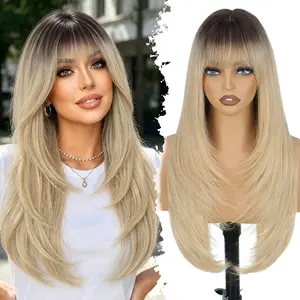 Long Blonde Wig with Bangs for Women Dark Root to Blonde Layered Hairstyle Synthetic Heat Resistant for Daily Party Use 26 inch