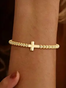 1pc 14K Gold Plated Pure Copper Cross Charm Beaded Stretch Bracelet, Gold & Silver 2‑Color Optional Never Fade Minimalist Unisex Fashion Accessory for Men Women, Daily Casual Party Birthday Gift, Viral Aesthetic Trendy Jewelry