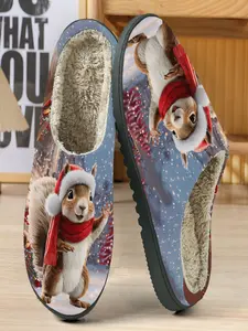 Christmas Cute Squirrel Theme Holiday Cotton Slippers, Snow Background Hat Scarf Squirrel Design, Soft Plush Lining, Casual Fall & Winter Home Shoes