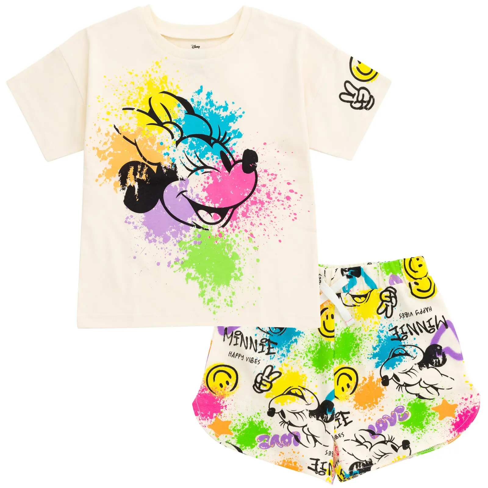 Disney Minnie Mouse Kids Clothing Girls Toddler 2-Piece Set - Graphic Crew Neck T-Shirt with Functional Tie-Front Cutout Hem, Elastic Waist French Terry Ruffle Shorts for Casual Play, Characters, Pull-On Fit, 2T, Round Neck, All-Day Play, Cozy, Gift Set,,