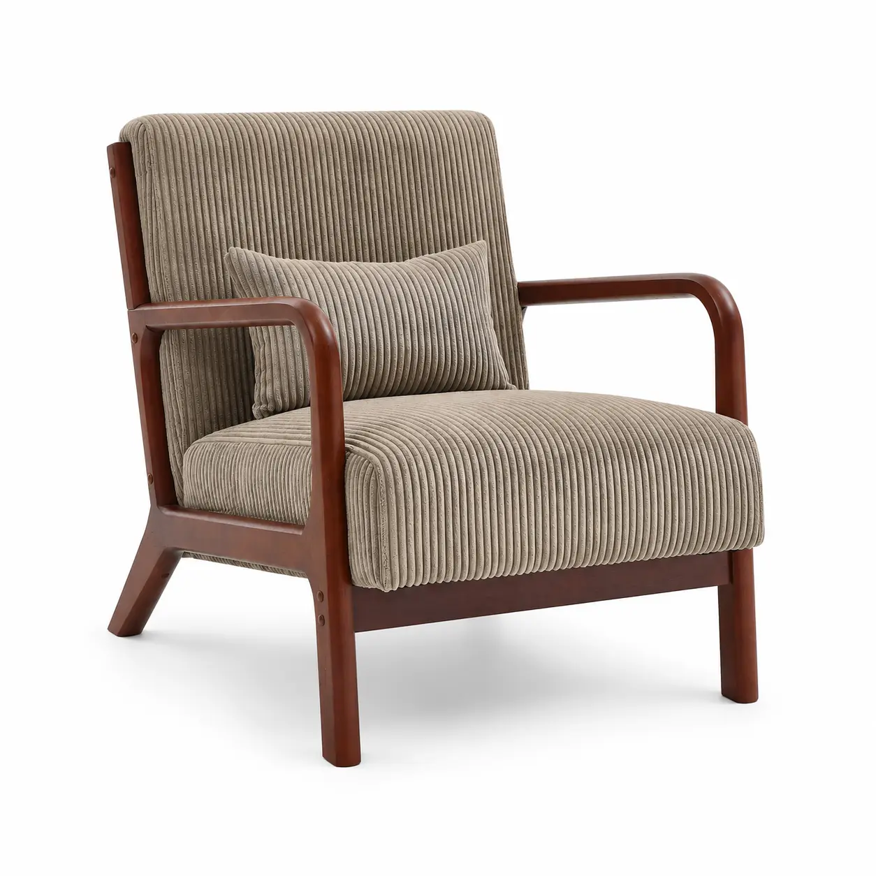 Wide-Wale Corduroy Accent Chair with Wooden Arms, Padded Seat, Upholstered Back and Matching Lumbar Pillow, 26-Inch Modern Retro Lounge Chair