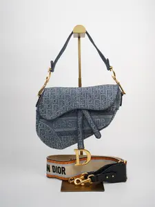 Pre-owned Dior denim Crossbody Bags Christian Oblique Jacquard Saddle Bag With Strap Blue