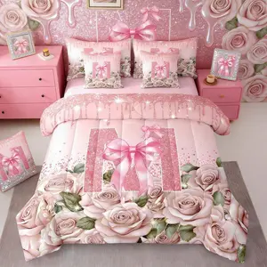 Pink Bow Comforter Set,7 Piece Bed in a Bag,Personalized Initial Letter M Bedding Set,Princess Bowknot Monogrammed Comforter and Sheet Setsequins Art Rose Cute Room Decor Aesthetic Kawaii