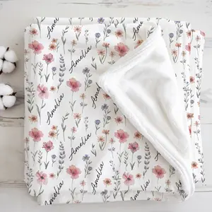 Personalized Wildflower Flannel Baby Blanket – Custom Name Newborn Swaddle Gift