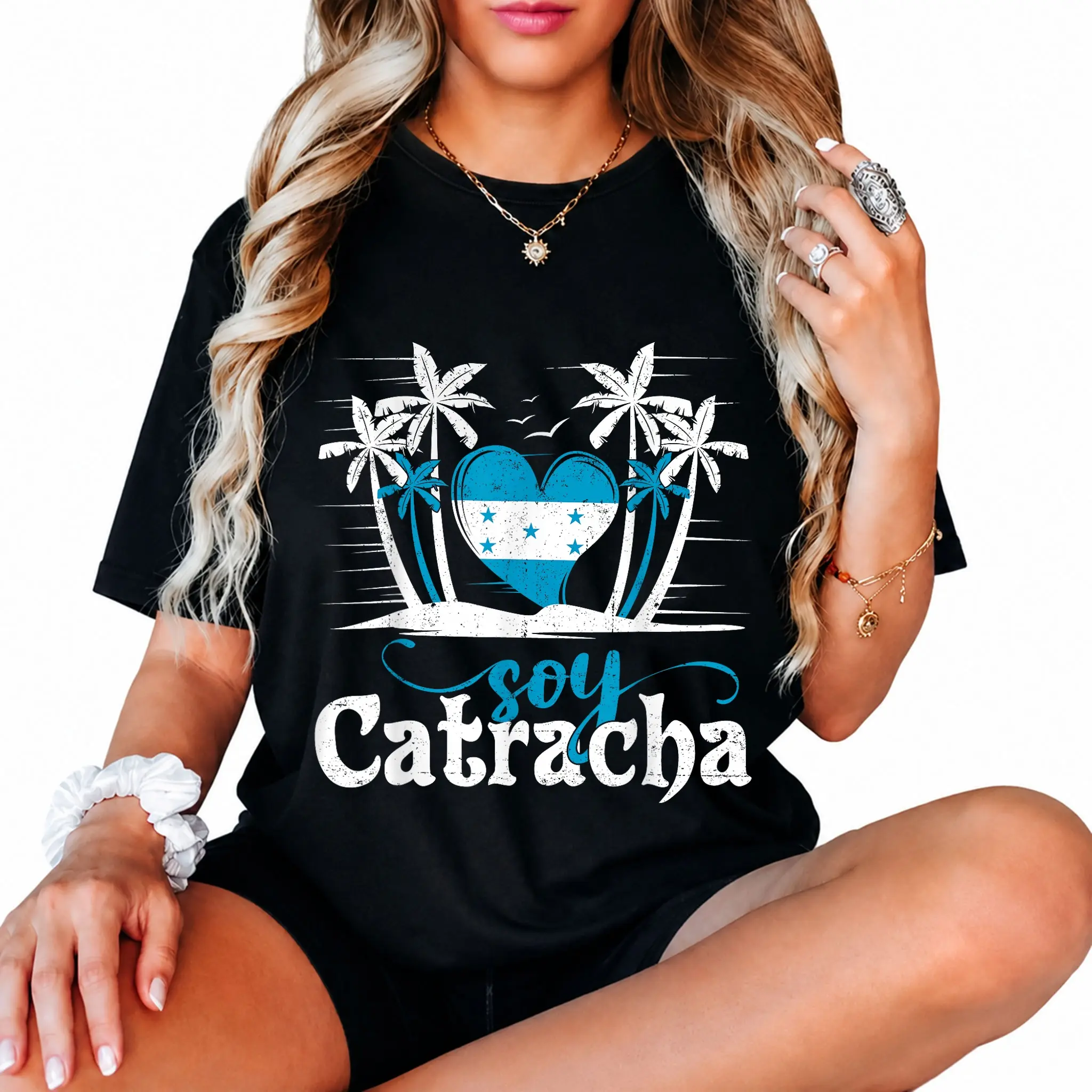 Women's Casual Vintage 100% Cotton Round Neck Short Sleeve Graphic T-Shirt, Soy Catracha Printed for Hondurans - Honduras Flag Gift T-Shirt, Streetwear, Top, Tshirt, Honduran Heritage Print Women's T-Shirts