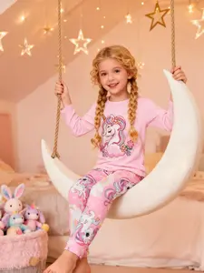 Girls' 2-Piece Set Colorful Meteor Cute Pony Print Round Neck Long Sleeve Pants Homewear Sleepwear Cartoon Print Pajama, Casual Spring & Fall